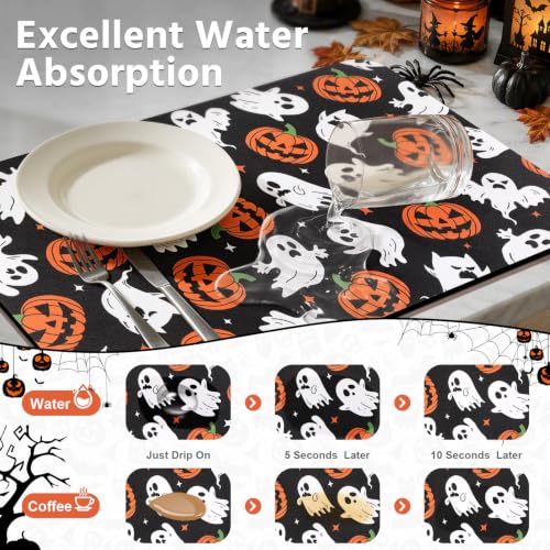 Halloween Ghost Dish Drying Mat - 12x20 Inch Absorbent Coffee Mat with Jack-o'-Lanterns & Ghosts