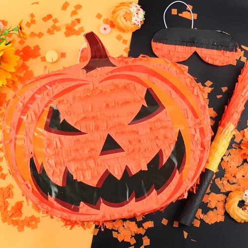 Halloween Pumpkin Piñata with Stick & Confetti - Orange Folding Party Decoration - Pumpkin Variation