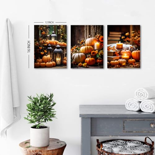 Farmhouse Pumpkin Wall Art Set - Fall Kitchen Decor Canvas Prints 12x16 Inches, 3 Pieces - Autumn Harvest Theme for Thanksgiving & Halloween, Rustic Home Decor