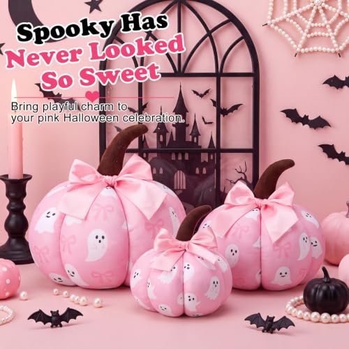 Pink Ghost Halloween Pumpkin Decor Set - 3 Sizes, Fabric Table Centerpieces