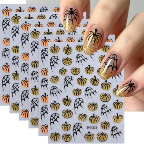 Halloween Pumpkin Nail Stickers - Gold Glitter 6-Piece Set - Style14