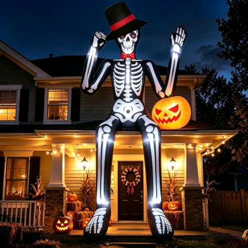 Giant Sitting Skeleton Inflatable Halloween Decoration with Pumpkin & Black Variation