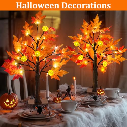 2 Pack Fall Decor 24 Inch Prelit Maple Tree with Pumpkins & LEDs - Timer
