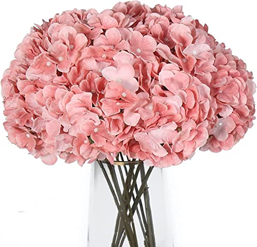 Artificial Hydrangea Bouquet - Light Coral Pink, 2 Arrangements with 5 Big Heads for Wedding & Home Decor