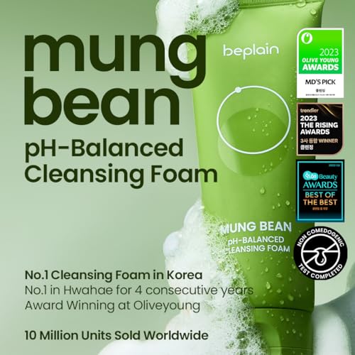 beplain Mung Bean pH-Balanced Cleansing Foam (2.7fl.oz/80ml) | Fragrance-Free | Non-Comedogenic Tested | Deep Pore Facial Cleanser | Suitable for Sensitive Skin | Face Mask Cleanser | Korean Skincare