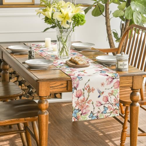 Flowers Bird Butterfly Spring Table Runner for Kitchen & Dining, 13x48 Inch