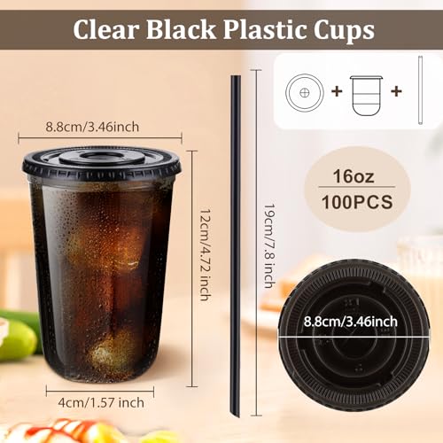 Black Plastic Disposable Cups with Lids & Straws 16oz - 100 Set