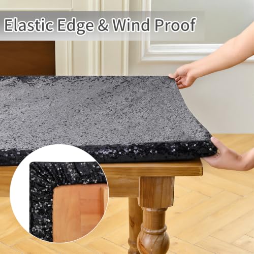 Black Sequin Fitted Elastic Tablecloth 30x96 Inch for Rectangle Tables - 1 Pack