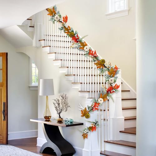 Autumn Fall Garland for Mantel 6ft Pumpkin & Maple Leaf Decor Indoor Outdoor