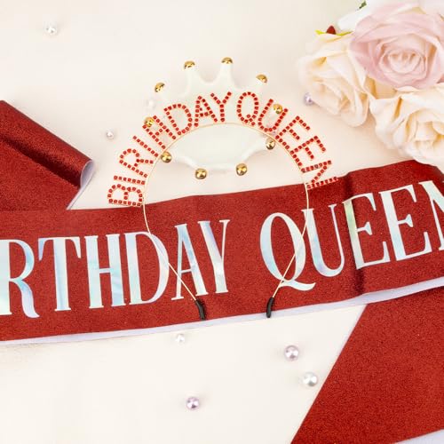 Red Birthday Sash and Crown Set for Women - Happy Birthday Decorations