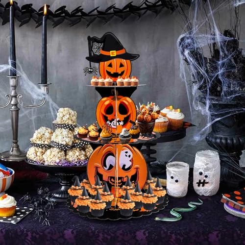 Halloween 3-Tier Pumpkin Cupcake Stand - Orange & Black Spooky Dessert Display
