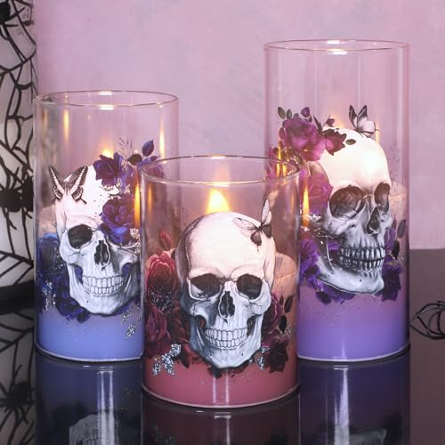 Halloween Flameless Candles Set of 3 Skull & Rose with Remote Timer - Indoor Decor