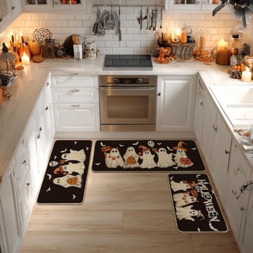 Halloween Kitchen Mats Set of 3 - Black Non-Slip Decorative Floor Mats, 17x29/36/47 Inches