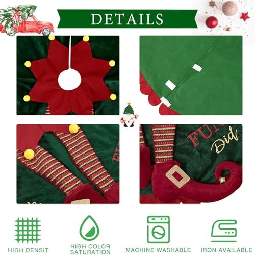 Elf Christmas Tree Skirt 48 Inch Velvet Holiday Decor with Ripple Trim