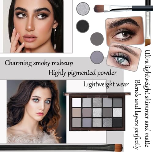 Black Smoky Eyeshadow Palette - 15 Matte Shimmer Colors with Brushes
