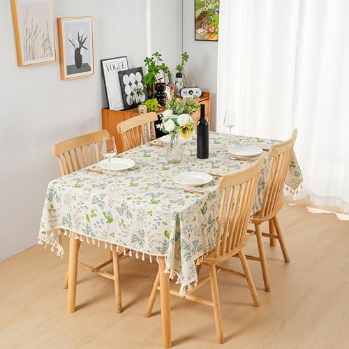 Large Boho Floral Tablecloth 55×102 Inch Cotton Linen Rectangular Cover with Tassels - Pastel Floral Multi