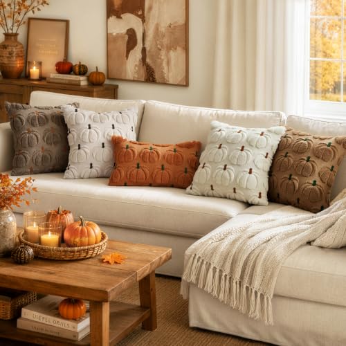 Fall Pumpkin Pillow Covers 12x20 Inch Set of 2 Dark Rust Green Stem Autumn Decor