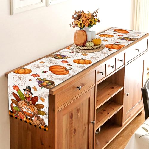 Thanksgiving Table Runner 13x108 Inches - Fall Decor, Turkey & Pumpkin Design