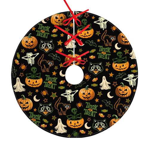 Halloween Tree Skirt 36 Inch Black Ghost Pumpkin Skull Cats Xmas Decor Festive Tree Mat