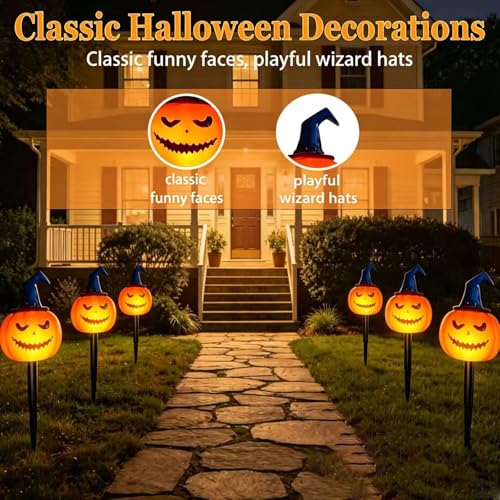 Halloween Solar Pumpkin Stake Lights with Witch Hat - Orange, IP65 Waterproof, Garden Pathway Decor