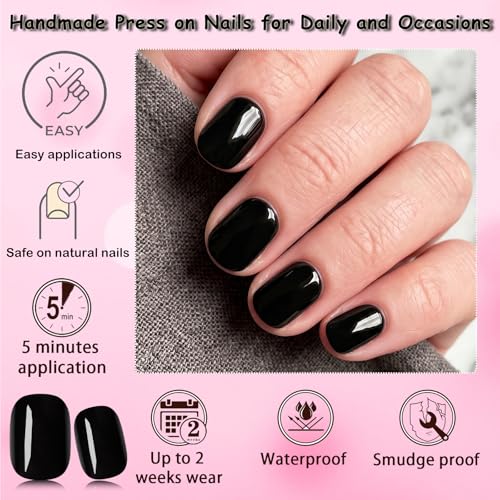 Black Short Square Press On Nails Kit with Glue & Tabs - 240 Pieces, 12 Sizes