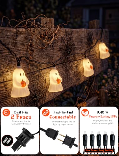 Halloween Ghost String Lights - 8.5Ft Plug-In LED Decor with 10 White Ghosts - Connectable Outdoor Lighting - Spooky Home & Garden Decoration