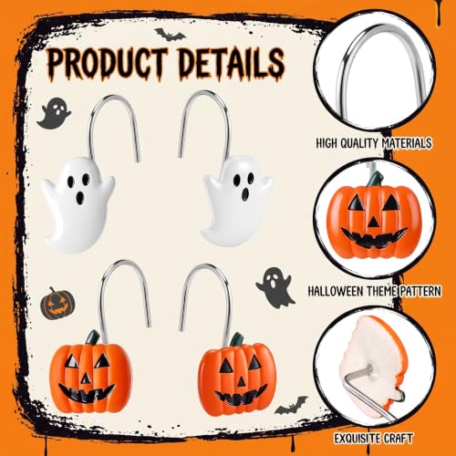 Halloween Shower Curtain Hooks Set - Ghost Pumpkin Decor, 12 Pieces, Orange & White Variation