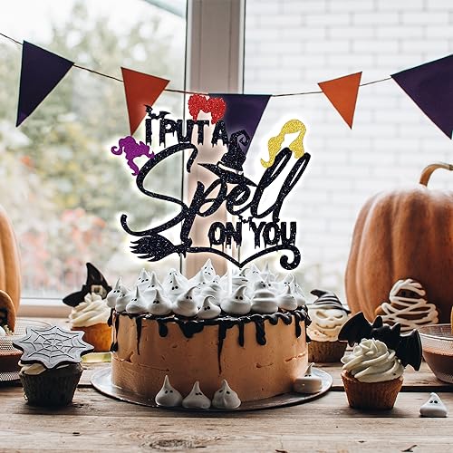 Halloween Witch Spell Cake Topper - Black Glitter Party Decor, 6x8.7 Inches