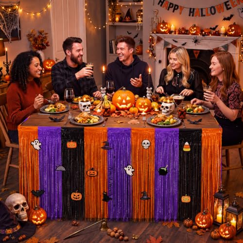Halloween Foil Fringe Table Skirts Set - 4 Pack, Black, Orange & Purple, 108 Inch