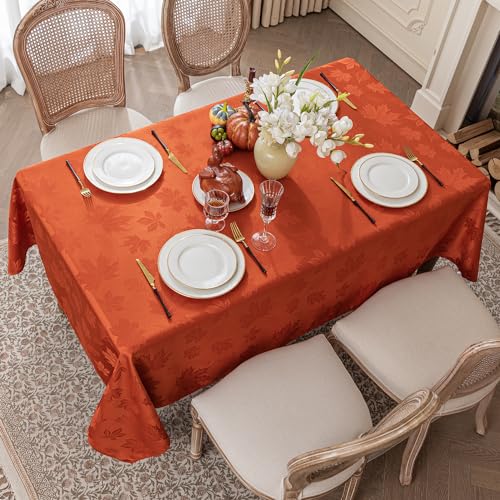 Autumn Maple Leaf Jacquard Rectangle Tablecloth - Burnt Orange, 60 x 102 Inches, Fall Decor