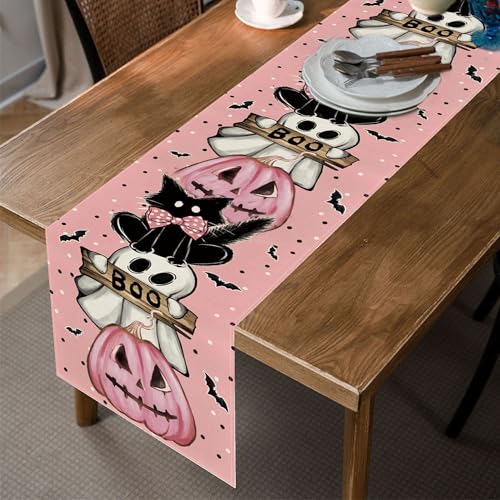 Pink Halloween Table Runner 13x72 Inch Linen Spooky Decor for Dining & Parties