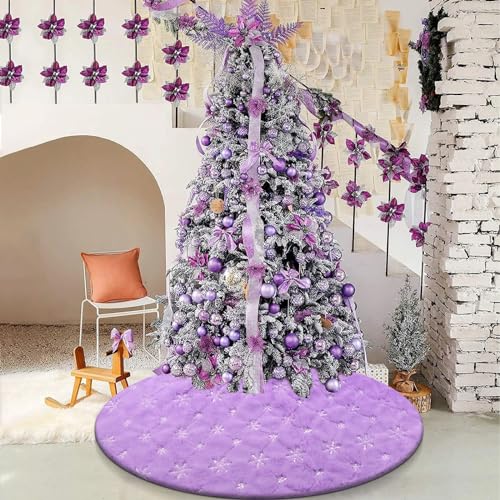 Purple 36 Inch Faux Fur Christmas Tree Skirt with Silver Sequin Snowflake - Holiday Decor