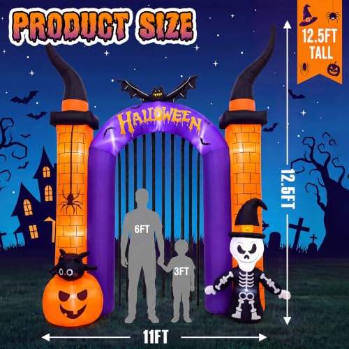 Giant Halloween Inflatable Archway with Skeleton & Lights - 12.5FT Skull Arch