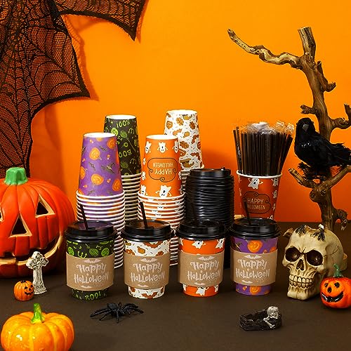 Halloween Pumpkin Disposable Coffee Cups with Lids & Straws - 12 oz Party Drinkware