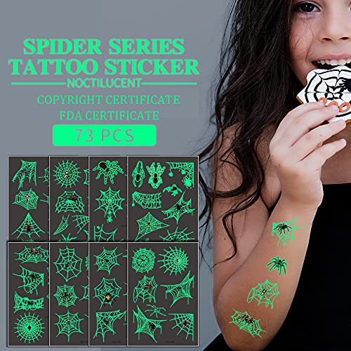 73PCS Luminous Halloween Spider Web Temporary Tattoos Set for Kids & Adults