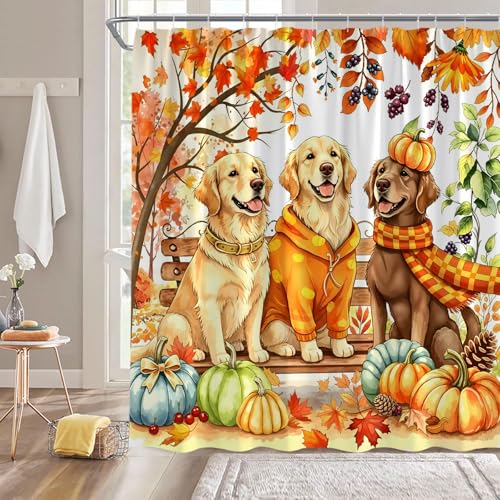 Orange Fall Dog Shower Curtain with Pumpkin & Maple Leaves - 70x70 Inches, Rustic Bathroom Decor with Hooks