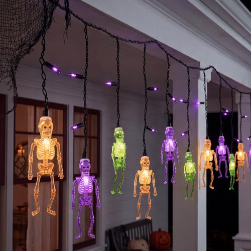 Skeleton Lights Halloween Skull String Lights - 7Ft Outdoor Purple & Orange LED Curtain with Variation