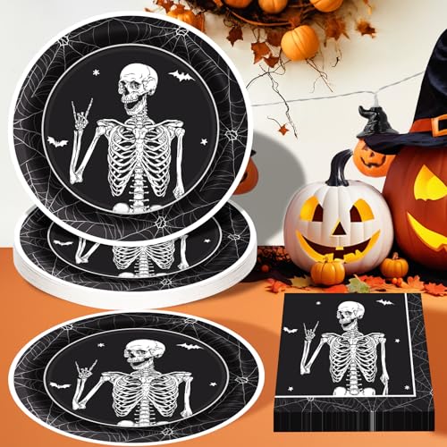 Halloween Paper Plates and Napkins Set - Skeleton Design, 50 Pcs - Halloween
