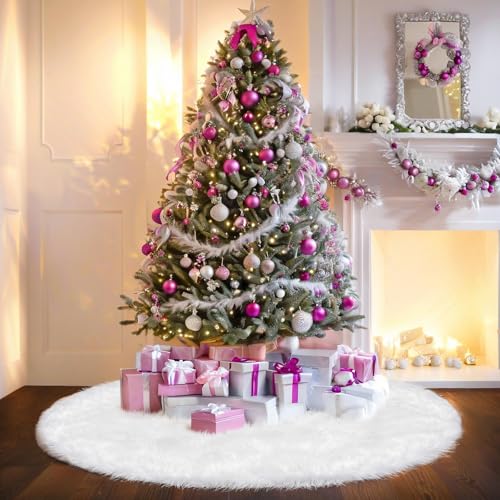60 Inch White Faux Fur Christmas Tree Skirt – Large Snow White Holiday Decor