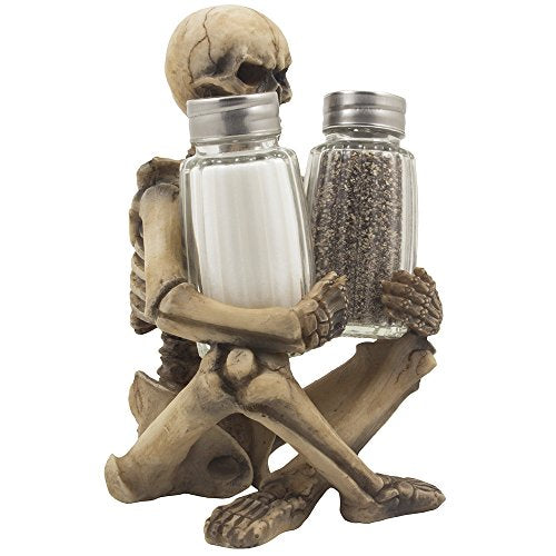 Spooky Skeleton Salt and Pepper Shaker Set with Decorative Stand for Halloween Kitchen Decor