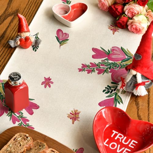 Pink Heart Shaped Flowers Table Runner 13x48 Inch for Wedding & Party Decor