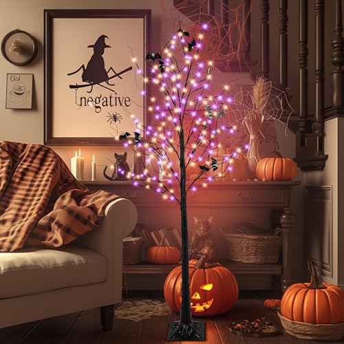 Purple & Orange Halloween Lighted Tree with 260 LEDs, 6FT, Dimmable & Timer, Indoor Outdoor Decorations