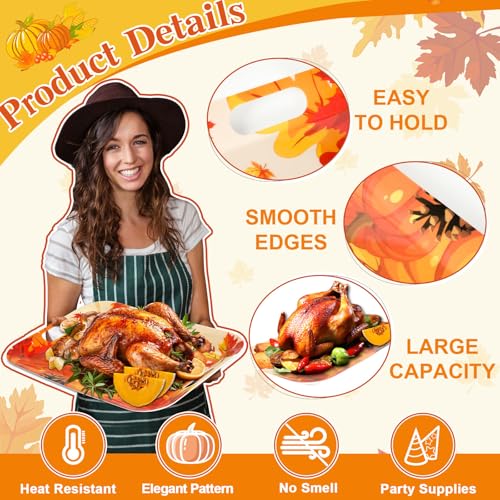 Fall Thanksgiving Serving Trays Set - 2 Large Melamine Pumpkin Leaf Platters with Handles