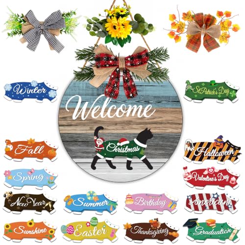 Interchangeable Welcome Sign with Black Cat & Seasonal Wreaths - Landscape, Magnetic Door Decor