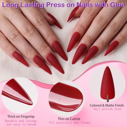 Red Long Stiletto Press On Nails Set with Glue & Tabs - Matte Finish, 144pcs, Easy DIY Manicure