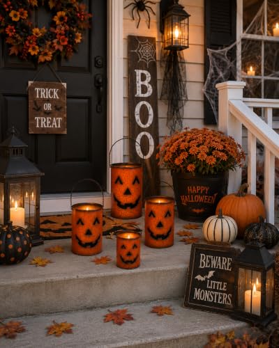 Halloween Pumpkin Candle Holders Set of 5 Rustic Metal Jack-O'-Lantern Decor