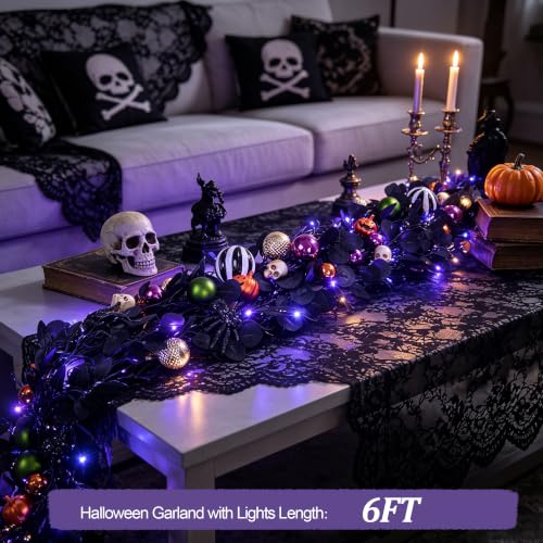 Black Spider Halloween Garland with Light - 6FT Indoor Outdoor Decor