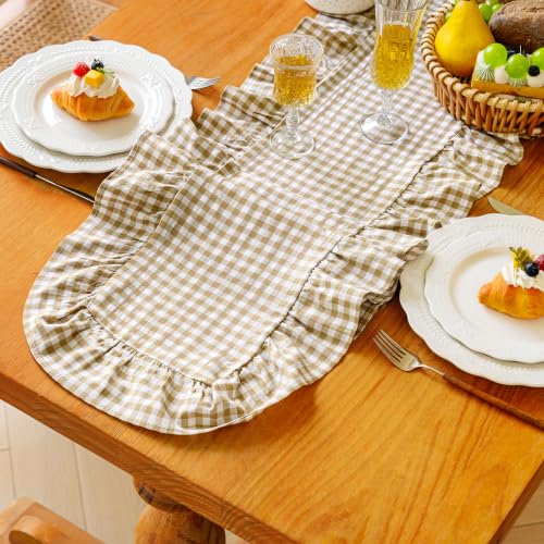 Brown and White Gingham Ruffled Table Runner 14x72 Inch Farmhouse Decor