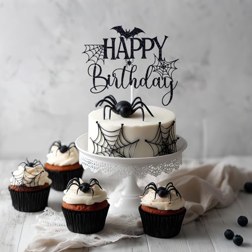 Halloween Ghost and Spider Cake Topper - Black Glitter Birthday Decor