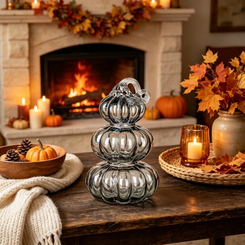 Black Medium Stacked Glass Pumpkin Decor - Fall Halloween Table Centerpiece
